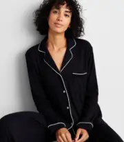 State of Day Women's Ribbed Notched-Collar Pajama Top Black Size XL 4766