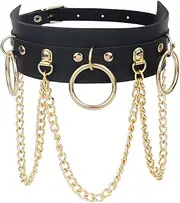 Yijunmca Punk Goth Choker Necklace Adjustable PU Leather Chain Alloy O-Ring Tassel Pendant Choker Vintage Circle Clavicle Collar Halloween Cosplay Costume Accessory for Women, Black Gold, Alloy, PU