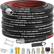 Sewer Jetter Kit for Pressure Washer 50FT, Drain Cleaner Hose 1/4 Inch NPT, NPT Corner Swivel and Push Button Nose Sewer Jet Nozzle Wrenches Gloves Waterproof Tape Pearl Brooch,5800PSI
