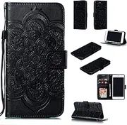 EYZUTAK Mandala Case for iPhone 7 Plus/iPhone 8 Plus, Premium Leather Flip Wallet Card Slots Magnetic Stand Protective Ultra Slim Case with Lanyard, Embossed Flip Cover-Black
