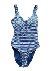 Tommy Bahama Swim Suit One Piece Sz 14 Blue Stripe Reversible Lace Back Beach