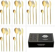 ACA Trading Matte Gold Set 24 Piece Food Grade 304 Stainless Steel Utensils Set, Silverware Set Tableware Flatware Set Forks Knives Spoon Tea Spoon for Home & Restaurant, Dishwasher Safe(Gold)