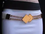 WOMEN WAIST HIP WHITE ELASTIC FASHION BELT SQUARES GOLD METAL CHAIN BUCKLE S M