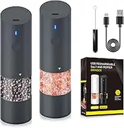 Electric Salt and Pepper Grinder Set with 6 Adjustable Coarseness, USB Rechargeable Pepper Shaker Mill with LED Light, Coarse Sea Salt Grinder with Ceramic Core, Refillable, One Hand Operation, 2 Pack