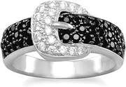 [JewelryWeb] Rhodium Plated 925 Sterling Silver Belt and Buckle Design Ring With Black And Clear CZs Size 9 Band Style-Ring for Women