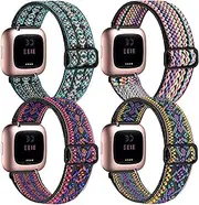 4 Pack Elastic Bands Compatible with Fitbit Versa 2 /Versa /Versa SE/Versa Lite Wristbands Fitness Smart Watch, Soft Loop Nylon Adjustable Stretchy Replacement Straps for Women Men
