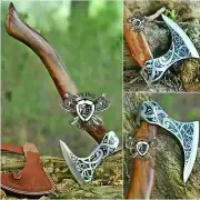 PREMIUM HANDMADE VIKING AXE | HUNTING | CARBON STEEL HATCHET WITH LEATHER COVER