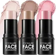 FOCALLURE 3 Pcs Cream Contour Sticks,Shades with Highlighter & Bronzer & Blush,Non-greasy and Water-resistant Face Contouring Pen,Easy to Sculpt the Face and Create a Lightweight Finishing Makeup,FAIR