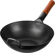 YOSUKATA Carbon Steel Wok Pan – 30 cm Stir Fry Pans with Flat Bottom - Traditional Chinese Japanese Cookware - Suitable for Gas, Electric, Ceramic, Induction stoves, and Open fire, BBQ Grill - Black