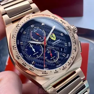 FERRARI手錶, 男錶 44mm 玫瑰金八角形精鋼錶殼 黑色三眼, 時分秒中三針顯示錶面款 FE00127
