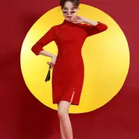 在飛比找蝦皮商城精選優惠-中國風改良式旗袍 正韓洋裝 蕾絲洋裝 大尺碼洋裝 紅色敬酒服