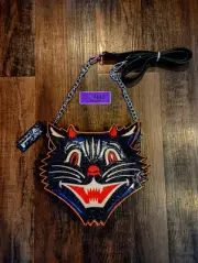 NEW Sourpuss Linx Devious Laughing Cat Glittery Purse Bag Cult Black Red Orange