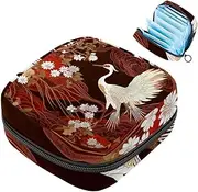 Sanitary Napkin Storage Bag,Period Bag,Crane with Floral Red Background,Sanitary Bags for Feminine Products
