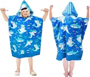 bigjvbfv Kids Hooded Poncho Towel with Button & Storage Bag, 29.5×35.4 Inch Soft Microfiber Bath Beach Towel for Boys Girls, Absorbent Cartoon Swim Changing Robe for Pool Travel Shower (Shark)