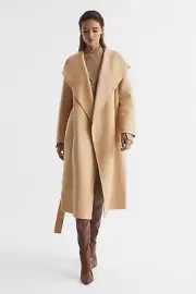 REISS Valentina Scarf Oversized Wool-Blend Coat Belted Jacket Camel UK Size 14