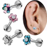 Flower Zircon Labret Ring 8mm Bar Internal Thread Monroe Lip Ear Stud Piercing