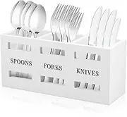 MABCIRY Silverware Caddy, Wood Utensil Caddy with 3 Compartments, Large Capacity Silverware Holder, Multipurpose Utensil Holder, Flatware Organizer, Stylish Cutlery for Forks Spoons Cutters (White)