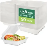 Compostable Clamshell Food Containers - 8X8" 50-Pack, Biodegradable Sugarcane to