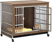 Wooden Dog Crate Furniture, Stainless Steel Dog Crate, Heavy Duty Dog Crate, Modern Side Table with Universal Wheels, 360° Swivel, Free Movement, Suitable for Medium-sized Dogs and Small Dogs(Walnut,9