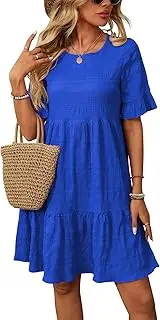 [casuress] Womens Summer Dress Ruffle Sleeve Smocked Crew Neck Midi Dresses Casual Flowy Tiered Swing Boho Beach Sundress