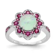 Sterling Silver Lab Created Opal and Red Nano Crystal Flower Ring Size 6