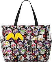 [Ghjkfbf] Skulls Print Large Capacity Beach Travel Bag For Family, Beach Tote Bag For Women With Zipper Pockets, Black, One Size