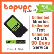 1 2 3 MONTH SIMPLE MOBILE SIM Card $50 PLAN 90 Days Unlmited 4G LTE + Hotspot