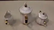 GRACE WHITE & GOLD SCALLOP TEA SET CREAMER,SUGAR & TEA/COFFEE MUG SET