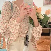 Long-Sleeve Crew Neck Floral Print Chiffon Button-Up Blouse Yellow - S