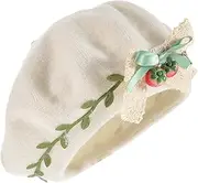 [WESIEVYA] Strawberries Beret Hat Women's Fashion Hat Soft and Comfortable Wool Beret Beige