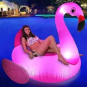 FlyfreeU Giant Inflatable Flamingo Ride On Pool Float, Flamingo Blow Up Pool Floatie with Solar Lights, Pool Raft Lounge with Fast Valves Lake and Beach Floaty for Adults.