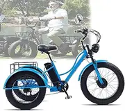 24" Electric Tricycle Fat Tire Pedal,750W 48V 15Ah,7-Speed Adjustment,25Km/H,Brake Design,Lcd Screen+Headlight,With Lifting Basket 200Kg,Tricycle Lithium Battery,Blue
