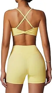 [IMEKIS] Two-Piece Gym Set Women's Yoga Outfit Twist Back Bra and High Waist Shorts Sports Set Summer Fitness Clothing Sports Suit Workout Activewear