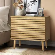 [OIKITURE] Wooden Nightstand Bedside Table with 2 Drawers - Bedside Table with 2 Storage Cabinet Drawers, Handle-Free, Modern Bed End Table for Bedroom Living Room Balcony, Natural