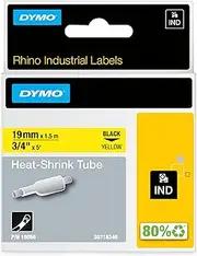DYMO Rhino Industrial Heat Shrink Label Tubes, 19 mm x 1.5 m, Black Print on Yellow, Self-Adhesive,18058