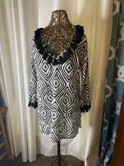 NWT Mud Pie Black White Tunic Top Swim Pool Beach Cover Women L Fringe Diamond