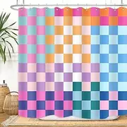 [ZXMBF] Retro Checkered Shower Curtain Colorful Geometric Modern Rainbow Minimalist Groovy Simple Bright Aesthetic Home Bathroom Decor Waterproof Fabric 72Lx72W Inch with Plastic 12PCS Hooks