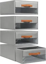 Omiention 4-Pack Foldable Closet Organizers with Clear Windows - Stackable Fabric Storage Drawers, Dust-Resistant Clothes Bins for Bedroom, Underbed, Nursery (Grey)