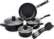 [Hamilton Beach] Aluminum Covered Cookware Set, Nonstick Saucepan Frypan, Dutch Oven with Soft Touch Bakelite Handle, | Spiral Bottom- Multipurpose Use | Durable & Dishwasher Safe |10pc, Black |