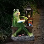 FHWTY Outdoor Resin Reading Frog Statues, Solar Frog Garden Statues, Garden Frogs Outdoor Decor for Lawn, Balcony, Yard Decoration, Frog Gifts for Mom, Grandma, Wife