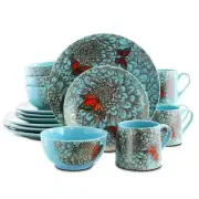 Elama Butterfly Garden 16 Pc Round Blue Gold Stoneware Dinnerware Complete Set