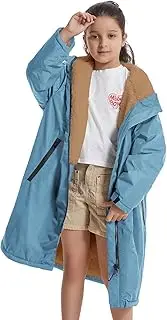 [MUTAO] Warm Thick Lambswool Swim Parka for Kids, Oversized Hooded Surf Poncho Loose Waterproof Swimming Coat（7-14 Years Old）