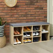 Costway10-Cube Natural Shoe Bench with Padded Cushions and Adjustable Shelves-Natural