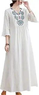 [HongYunoH] Women's Loose Cotton Linen Dress Fashion Retro Ethnic Style Flower Embroidery Vneck Cropped Sleeve Dress White L