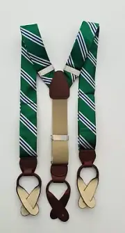 Silk Green with, Blue/white striped suspenders. Leather Button - end.