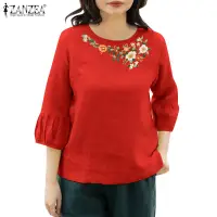 在飛比找蝦皮商城優惠-Zanzea 女式韓版休閒圓領刺繡寬鬆百褶襯衫