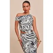 Cream Zebra Print Onion Sleeveless Asymmetric Hem Top, Cream