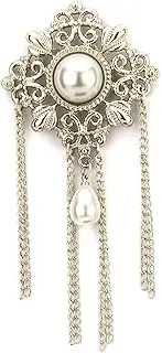 [Knighthood] Formal Silver Abstract Brooch With Pearl Engraving Hanging Tassel Chain Collar Pin Brooch, Suit Stud, Shirt Studs, Lapel Pin Accessories for Men Women, Metal, no gemstone