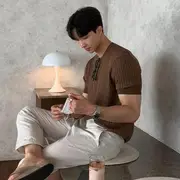 Short-Sleeve Crew Neck Plain Knit Top Coffee - L