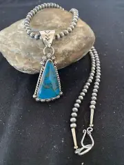 Men Blue SpiderWeb Turquoise Pendant Navajo Pearls Sterling Silver Necklace